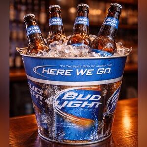 BUD LIGHT METAL ICE BUCKET Galvanized Metal Bucket with Top Handle in Blue/Tan